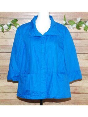 Coldwater Creek Linen Cotton Blue Button Up Jacket Size 10 3/4 Sleeve Pockets